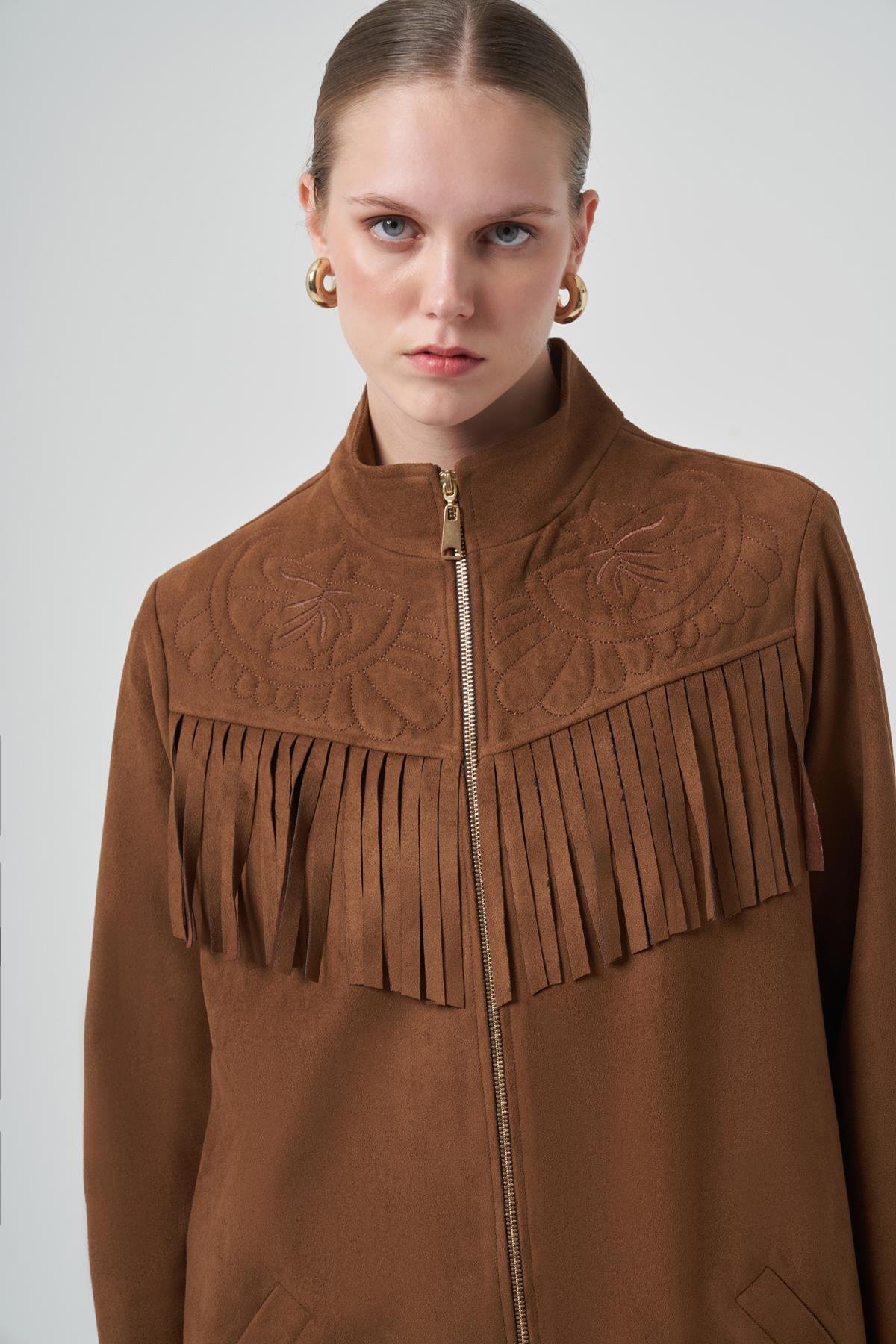 Püskül ve İşlemen Detay Süet Ceket 6028 Taba