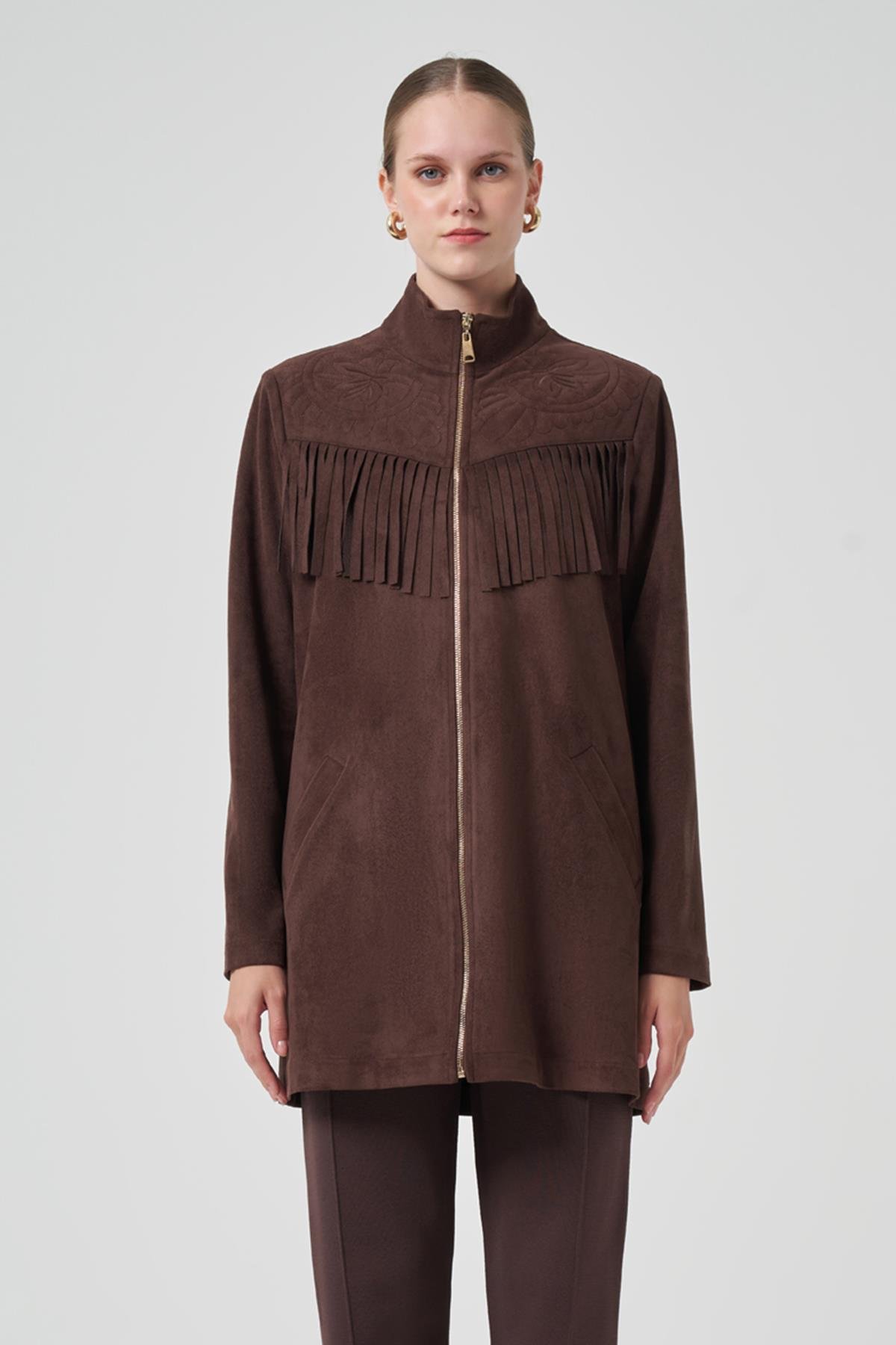 Püskül ve İşlemen Detay Süet Ceket 6028 Kahverengi