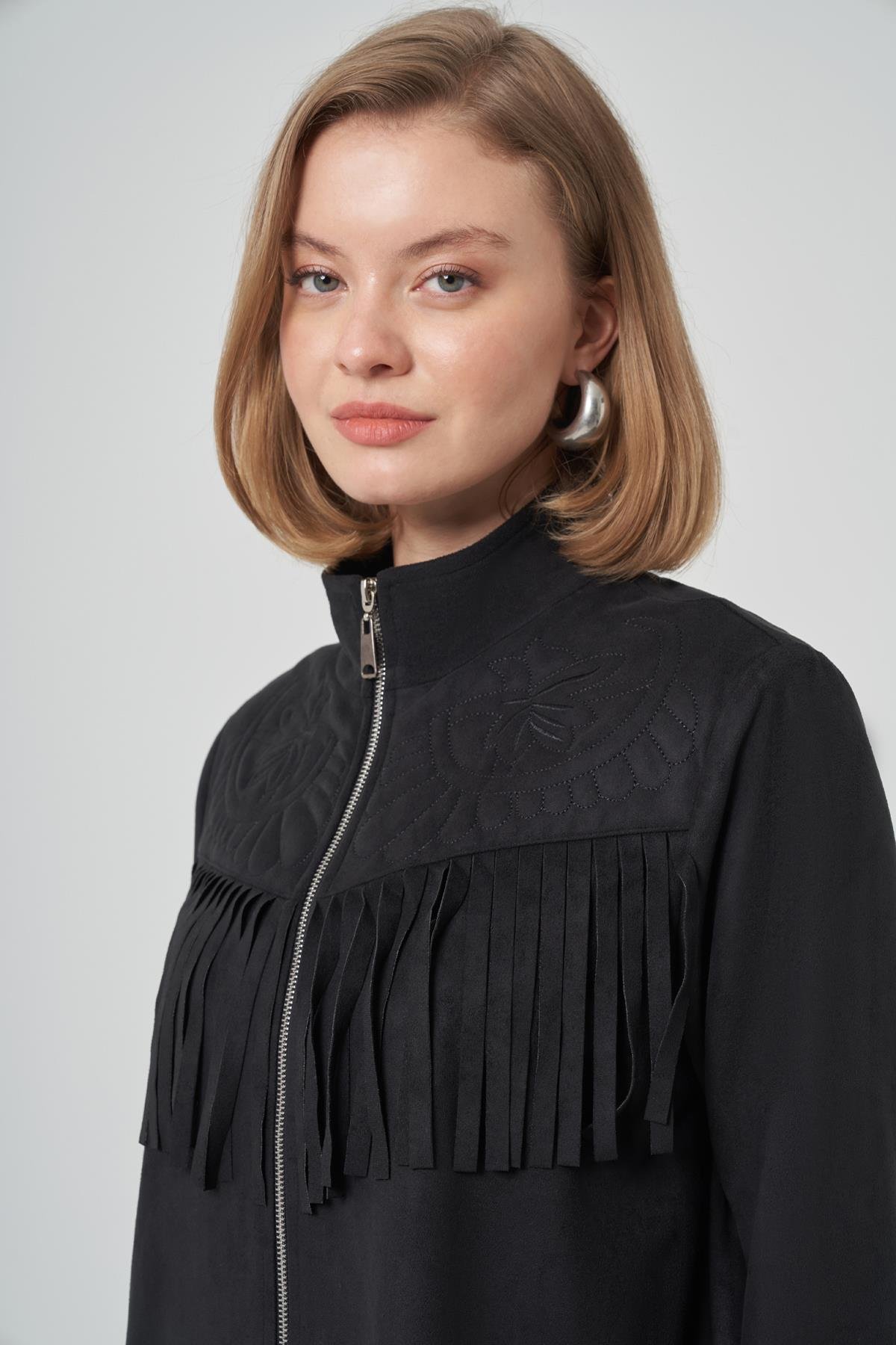 Püskül ve İşlemen Detay Süet Ceket 6028 Siyah