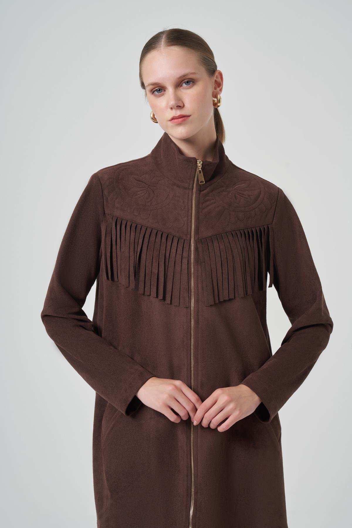 Püskül ve İşlemen Detay Süet Ceket 6028 Kahverengi