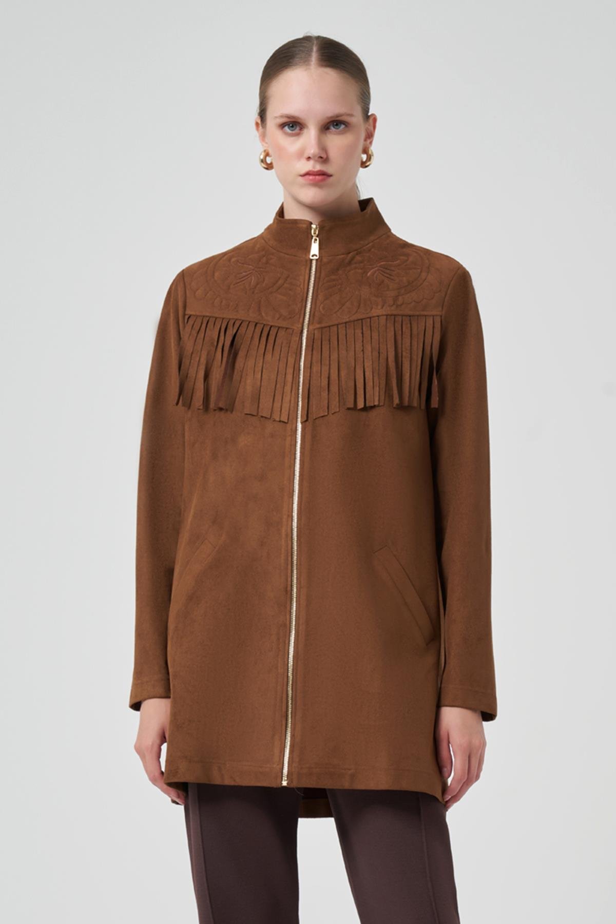 Püskül ve İşlemen Detay Süet Ceket 6028 Taba