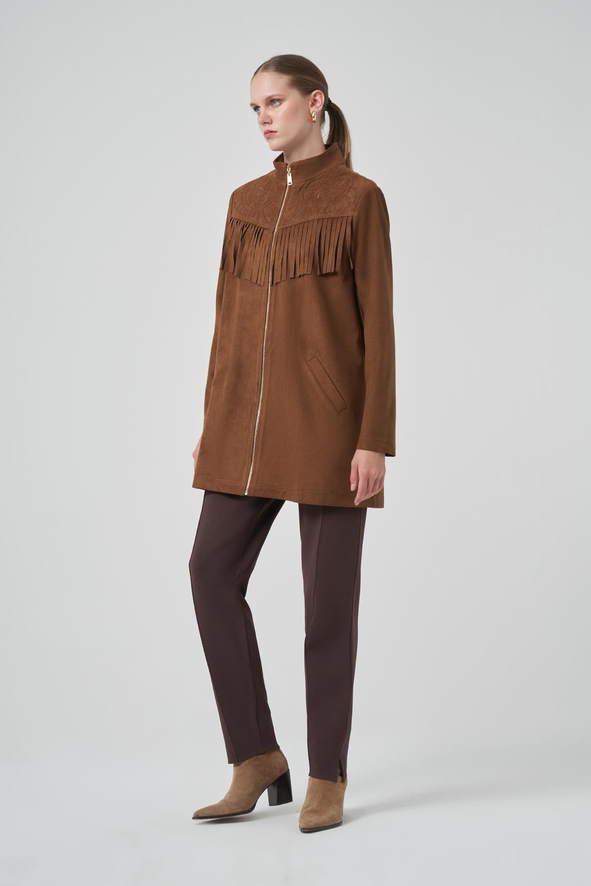 Püskül ve İşlemen Detay Süet Ceket 6028 Taba