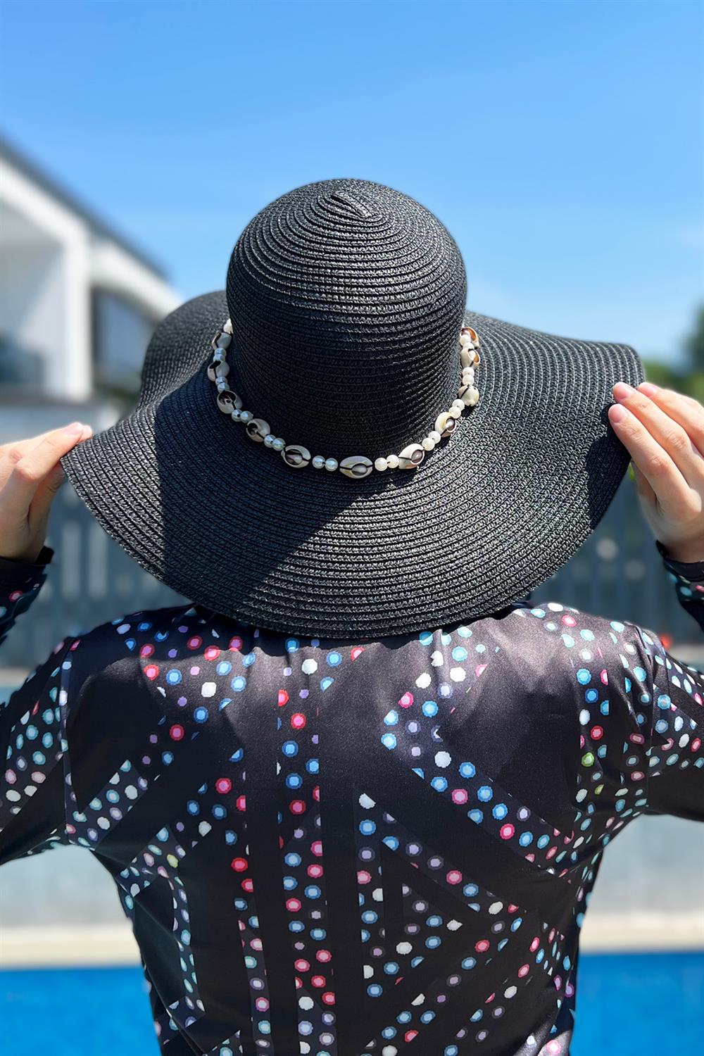 Remsa Mayo 2 İncili Deniz Kabuklu Hasır Şapka Siyah RŞ-68