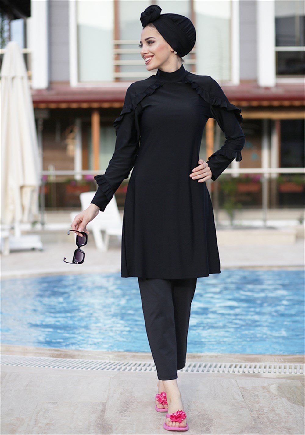 Remsa Mayo Fırfır Tasarım Likralı Tam Kapalı Tesettür Mayo 4104 Siyah