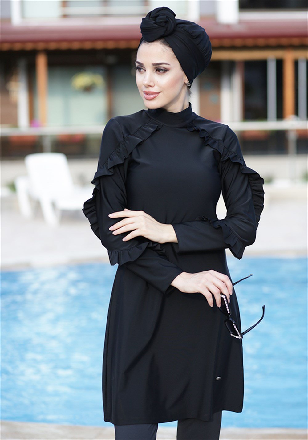 Remsa Mayo Fırfır Tasarım Likralı Tam Kapalı Tesettür Mayo 4104 Siyah