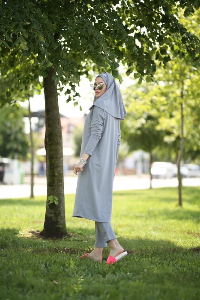 Remsa Mayo Likralı Tam Kapalı Tesettür Mayo Zümral 1736 Gri