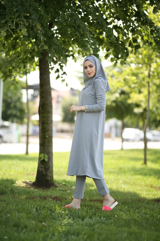 Remsa Mayo Likralı Tam Kapalı Tesettür Mayo Zümral 1736 Gri