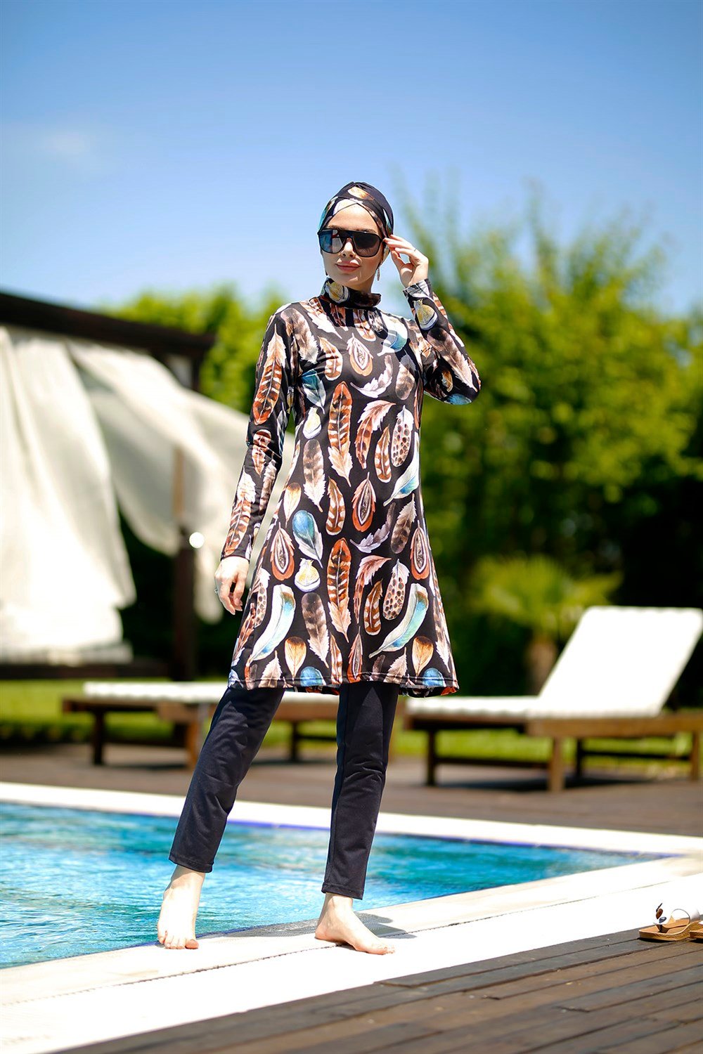 Remsa Mayo Likralı Tam Kapalı Tesettür Mayo Tüy Desenler 2200 NALAN