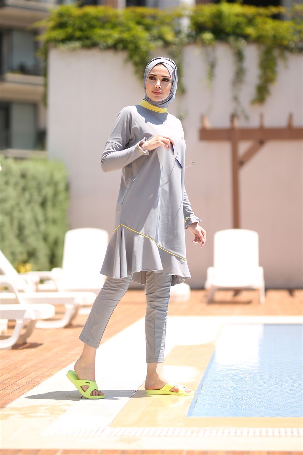 Remsa Mayo Likralı Tam Kapalı Tesettür Mayo Zümral 1735 Gri