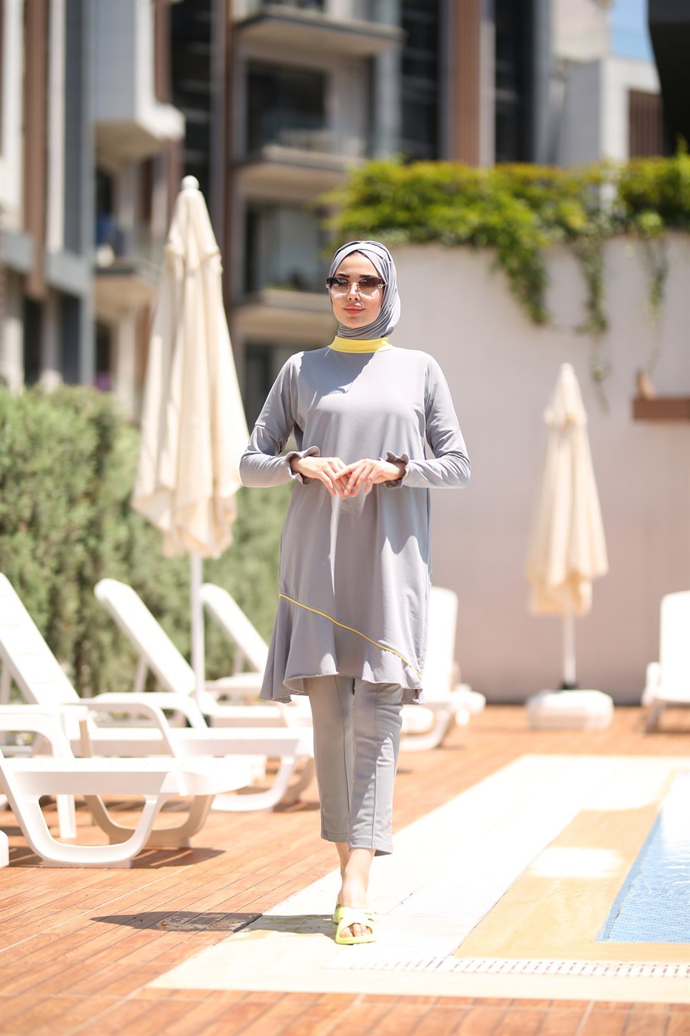 Remsa Mayo Likralı Tam Kapalı Tesettür Mayo Zümral 1735 Gri