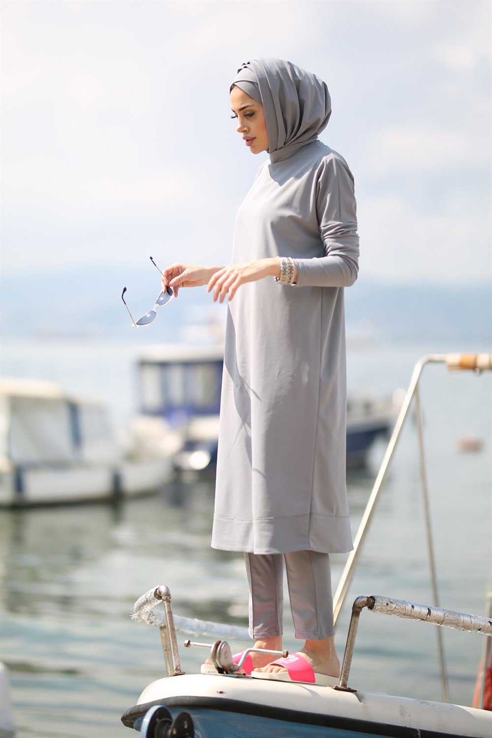 Remsa Mayo Likralı Tam Kapalı Tesettür Mayo Zümral 1736 Gri