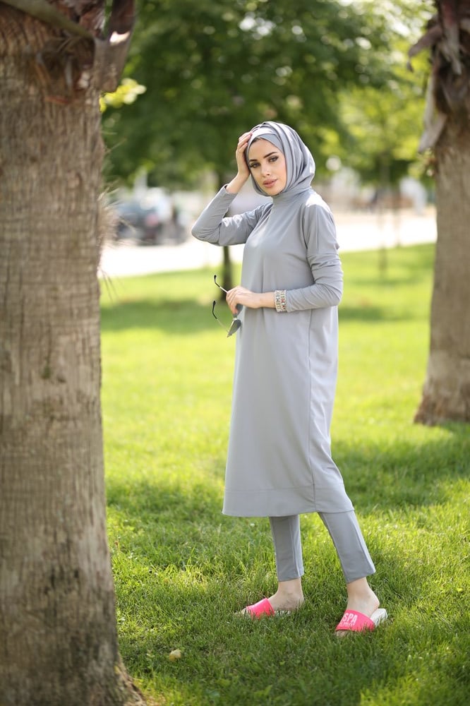 Remsa Mayo Likralı Tam Kapalı Tesettür Mayo Zümral 1736 Gri