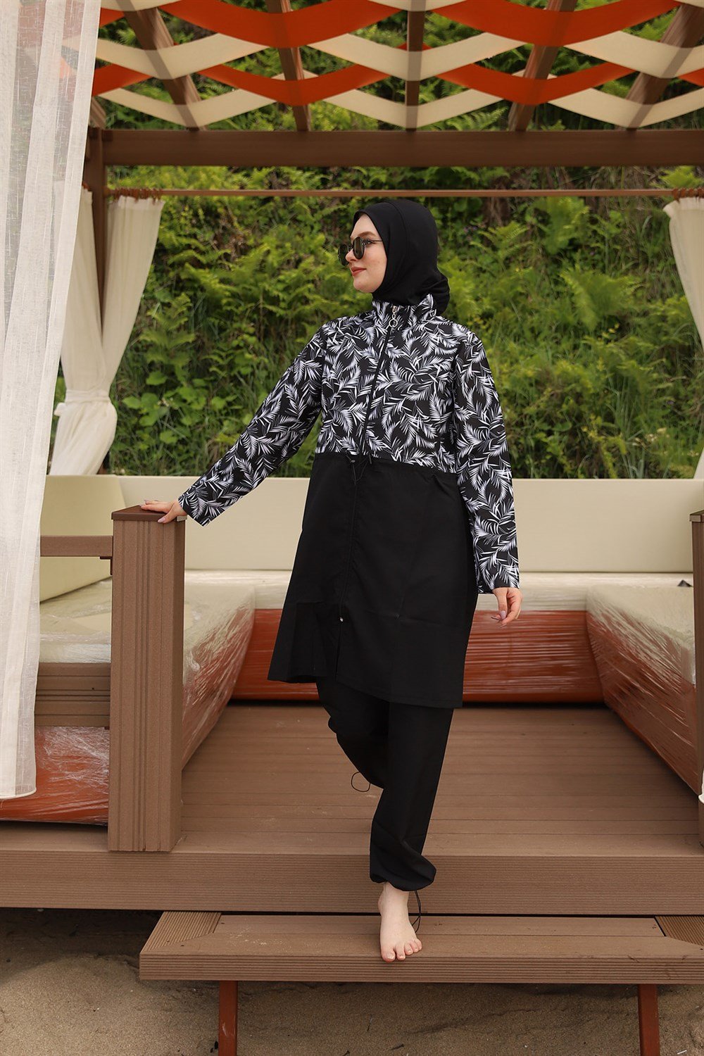 Remsa Mayo Paraşüt Tam Kapalı Tesettür Mayo Beyaz Yaprak 2112 PINAR