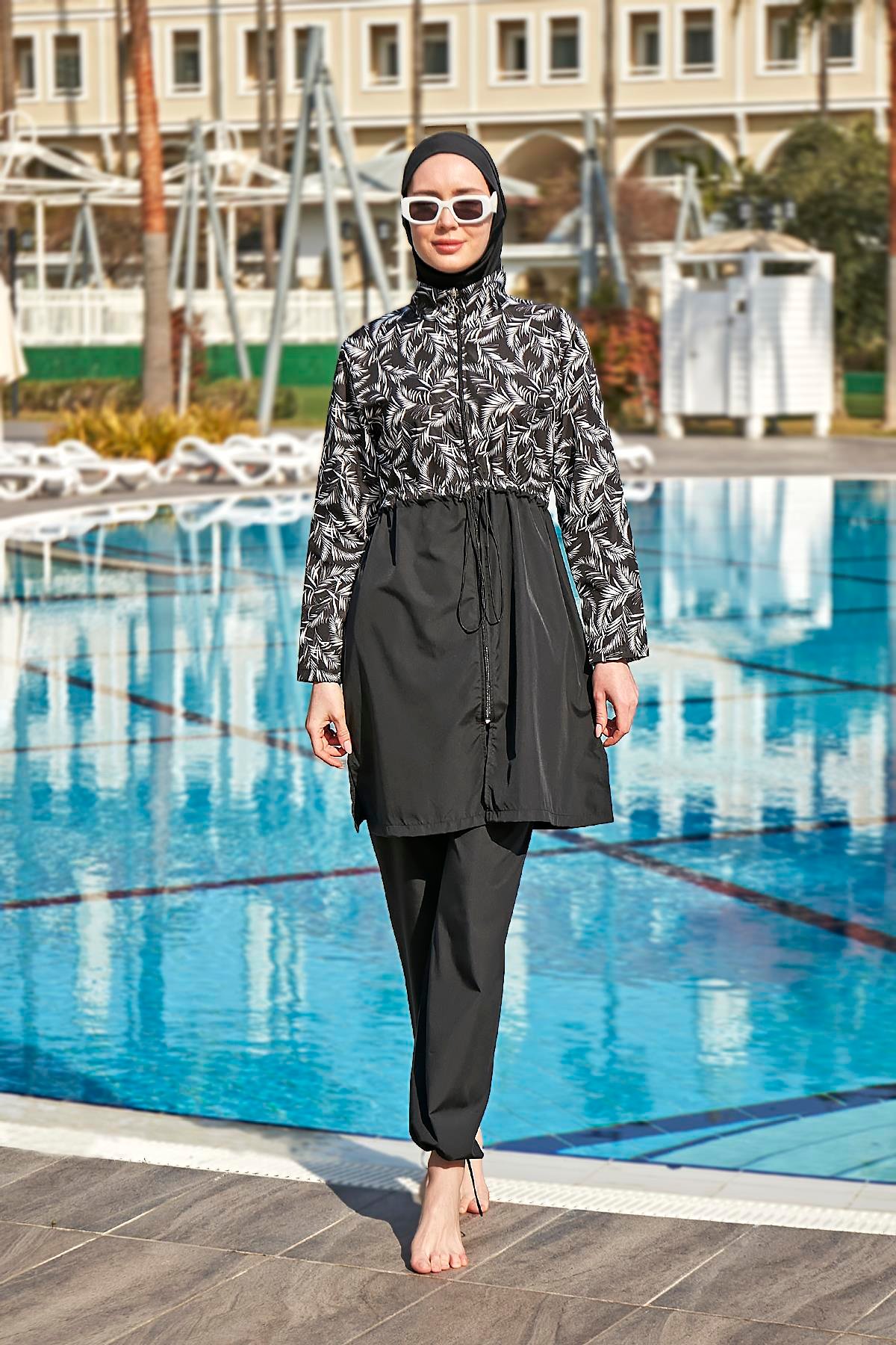 Remsa Mayo Paraşüt Tam Kapalı Tesettür Mayo Beyaz Yaprak 2112 PINAR