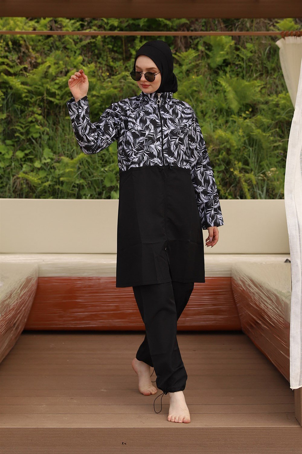 Remsa Mayo Paraşüt Tam Kapalı Tesettür Mayo Beyaz Yaprak 2112 PINAR