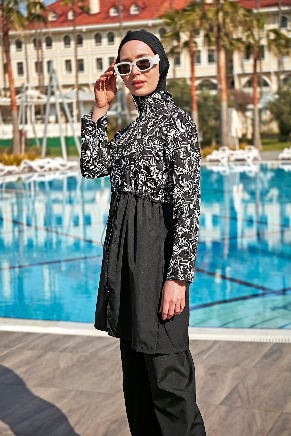 Remsa Mayo Paraşüt Tam Kapalı Tesettür Mayo Beyaz Yaprak 2112 PINAR