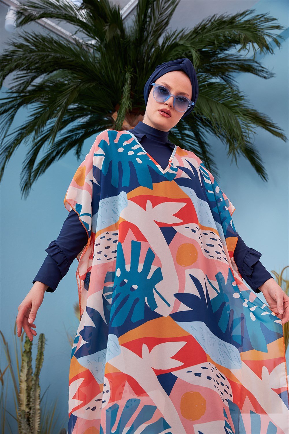 Remsa Mayo Tesettür Mayo Üzerine Desenli Tek Kaftan Pareo 430-134 Turuncu