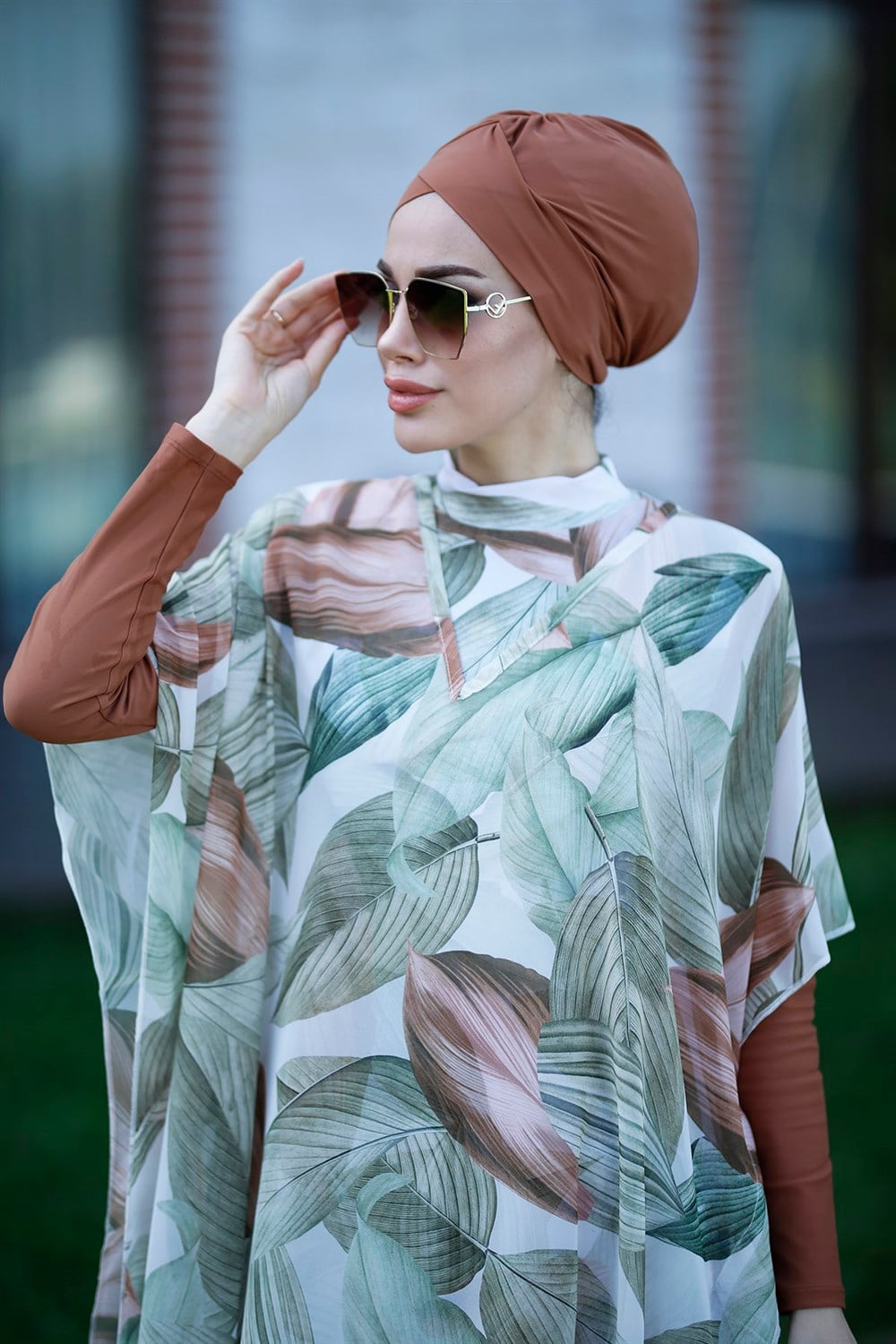 Remsa Mayo Tesettür Mayo Üzerine Desenli Kaftan Pareo Soft Yapraklar 430-551