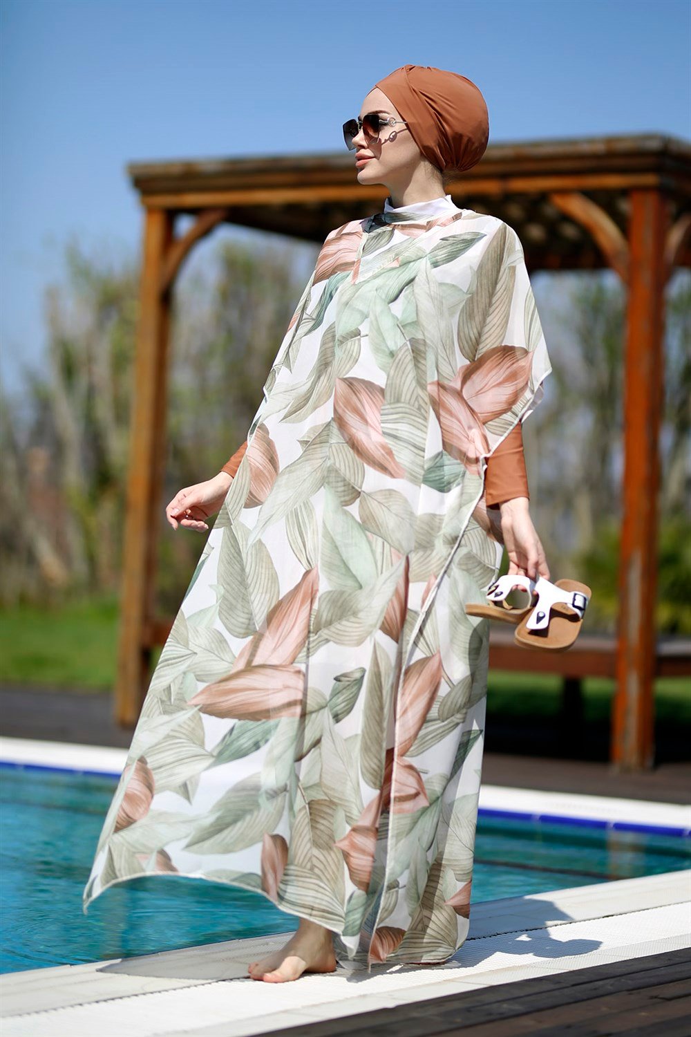 Remsa Mayo Tesettür Mayo Üzerine Desenli Kaftan Pareo Soft Yapraklar 430-551
