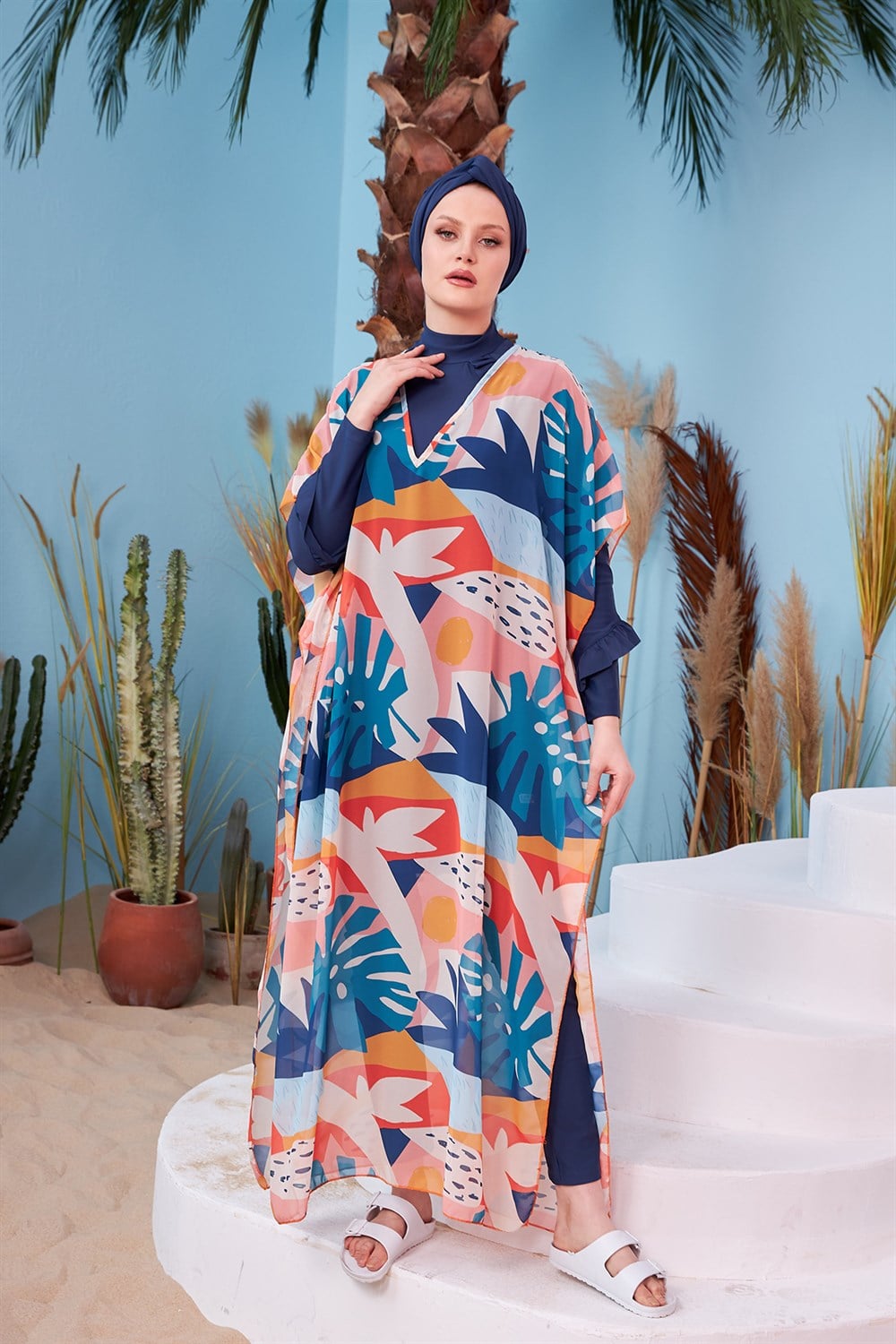 Remsa Mayo Tesettür Mayo Üzerine Desenli Tek Kaftan Pareo 430-134 Turuncu