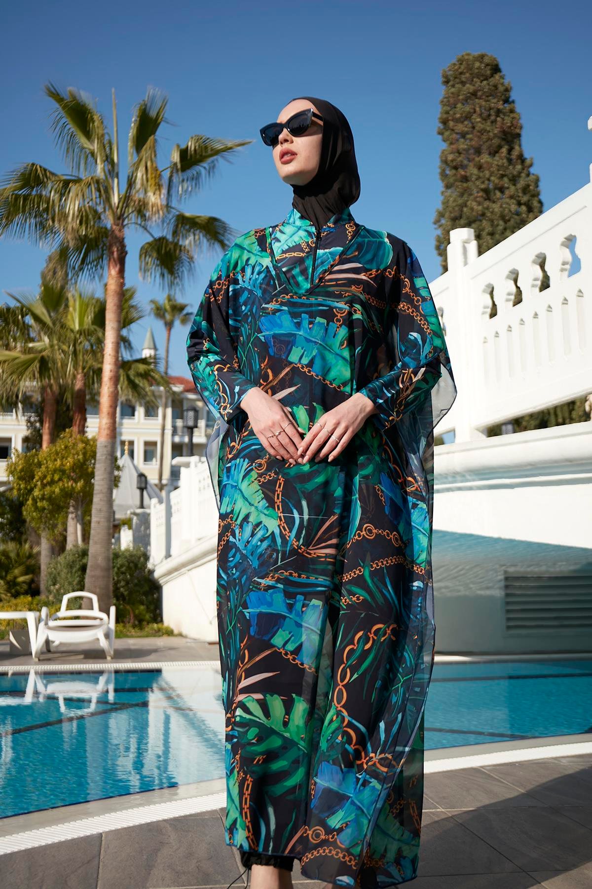 Remsa Mayo Tesettür Mayo Üzerine Desenli Tek Kaftan Pareo 430-131 Zincir Yaprak