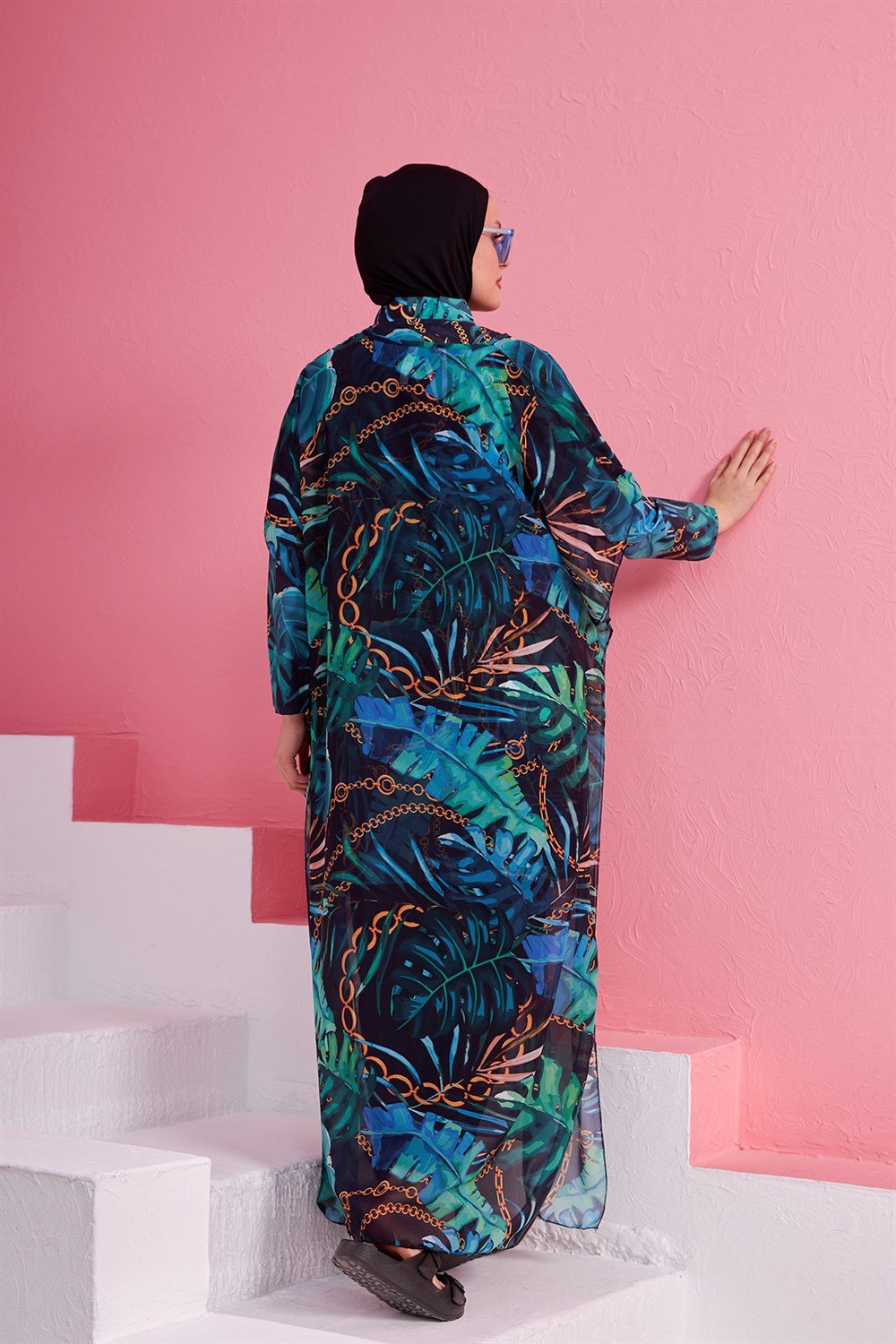 Remsa Mayo Tesettür Mayo Üzerine Desenli Tek Kaftan Pareo 430-131 Zincir Yaprak