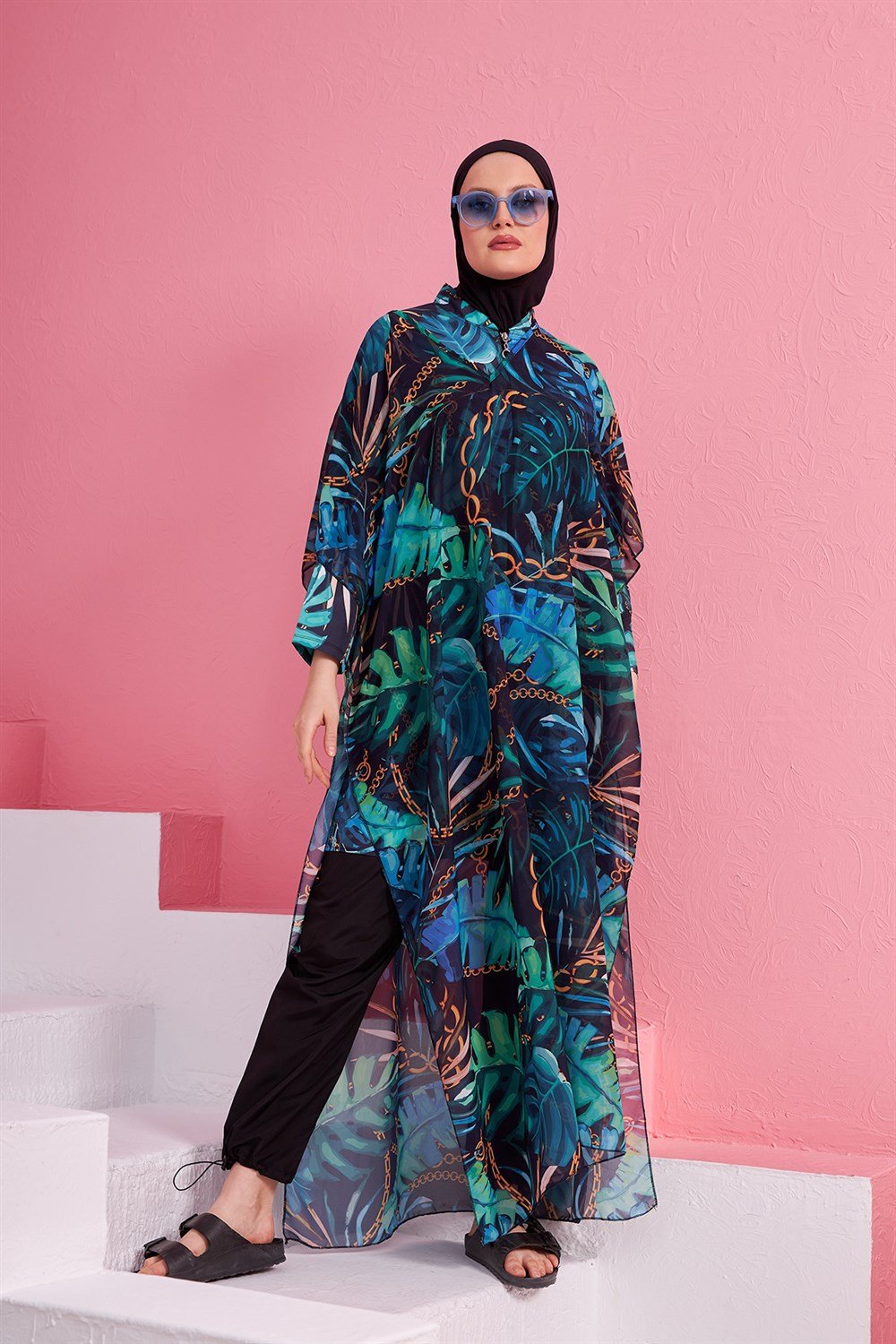 Remsa Mayo Tesettür Mayo Üzerine Desenli Tek Kaftan Pareo 430-131 Zincir Yaprak