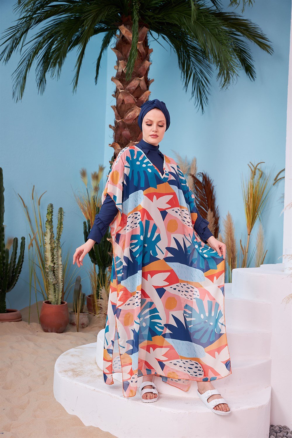 Remsa Mayo Tesettür Mayo Üzerine Desenli Tek Kaftan Pareo 430-134 Turuncu
