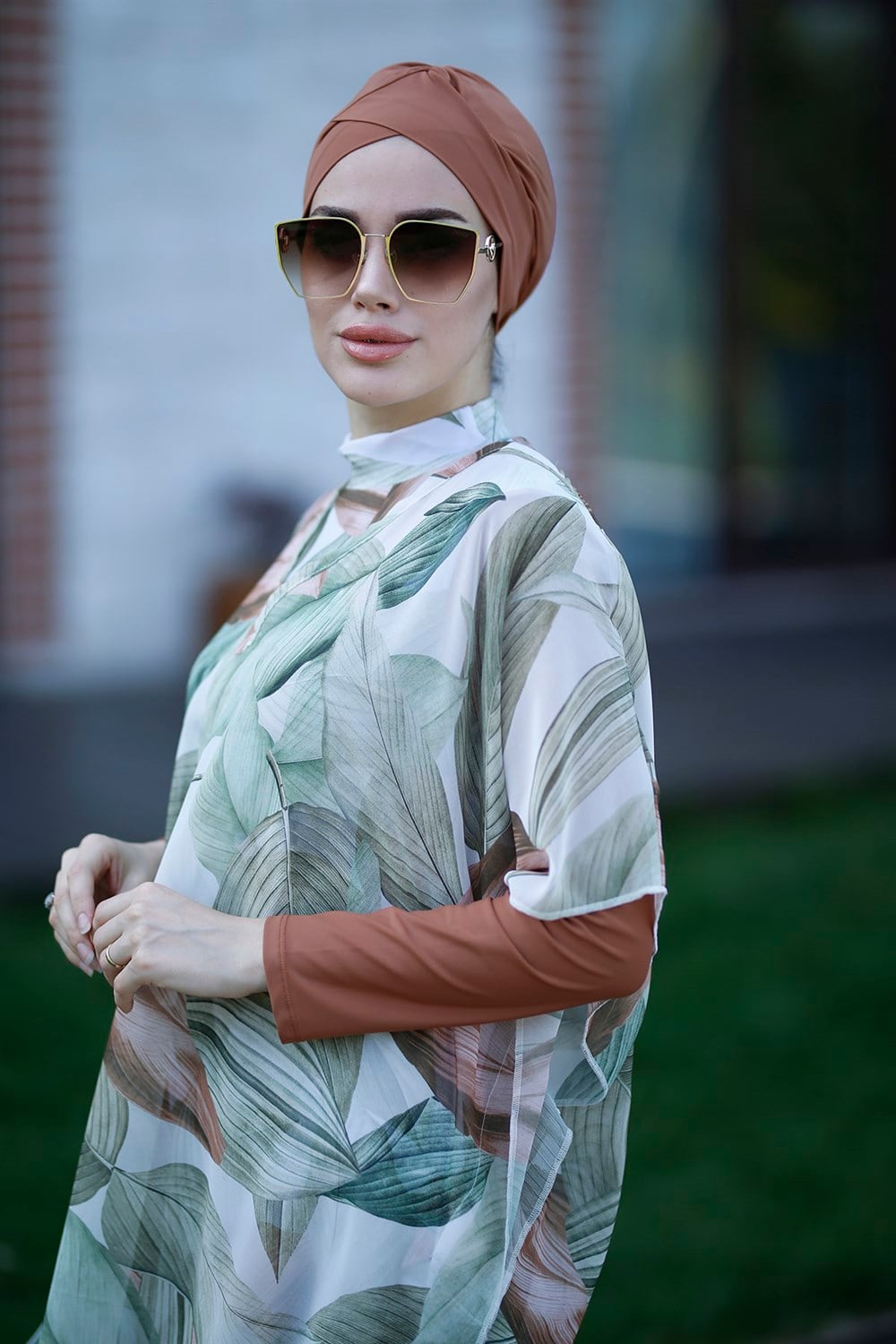 Remsa Mayo Tesettür Mayo Üzerine Desenli Kaftan Pareo Soft Yapraklar 430-551