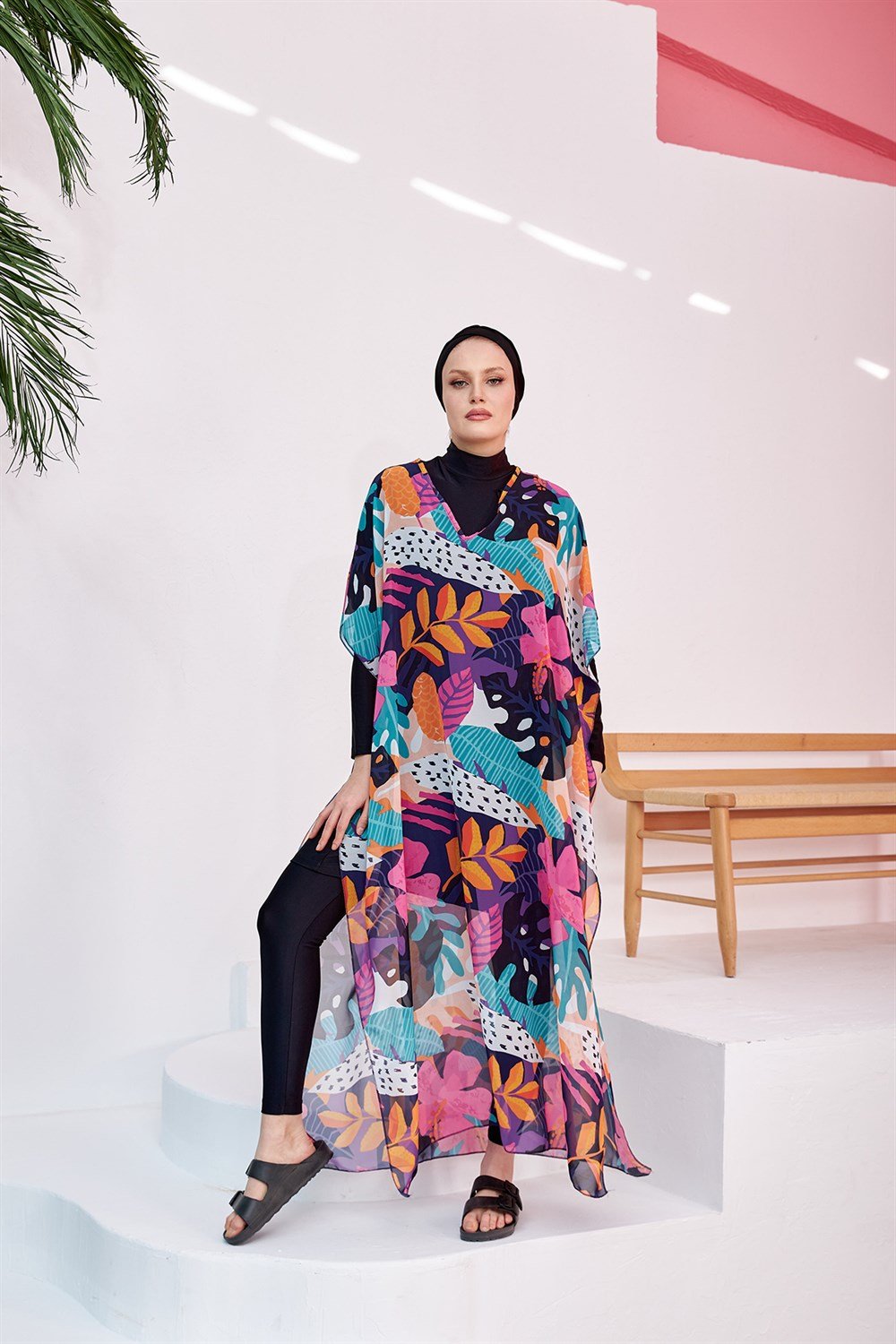 Remsa Mayo Tesettür Mayo Üzerine Desenli Tek Kaftan Pareo 430-132 Fuşya