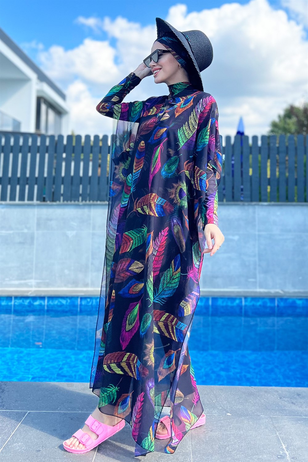 Remsa Mayo Tesettür Mayo Üzerine Desenli Tek Kaftan Pareo 430-221 Tuğba