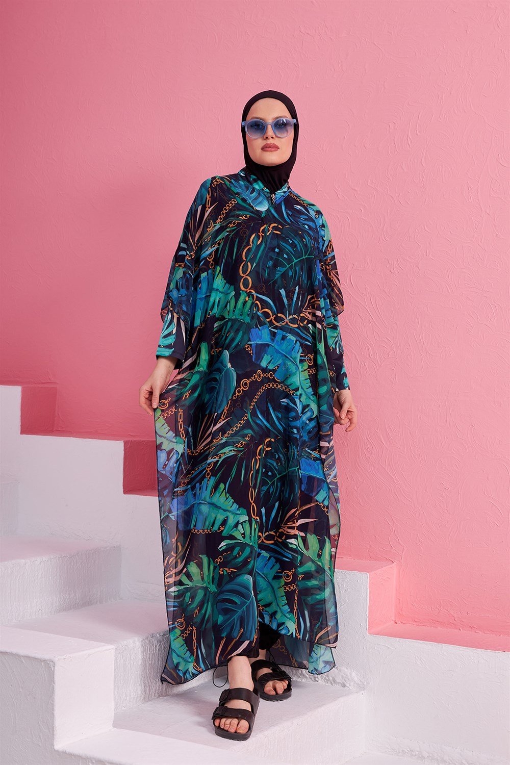 Remsa Mayo Tesettür Mayo Üzerine Desenli Tek Kaftan Pareo 430-131 Zincir Yaprak