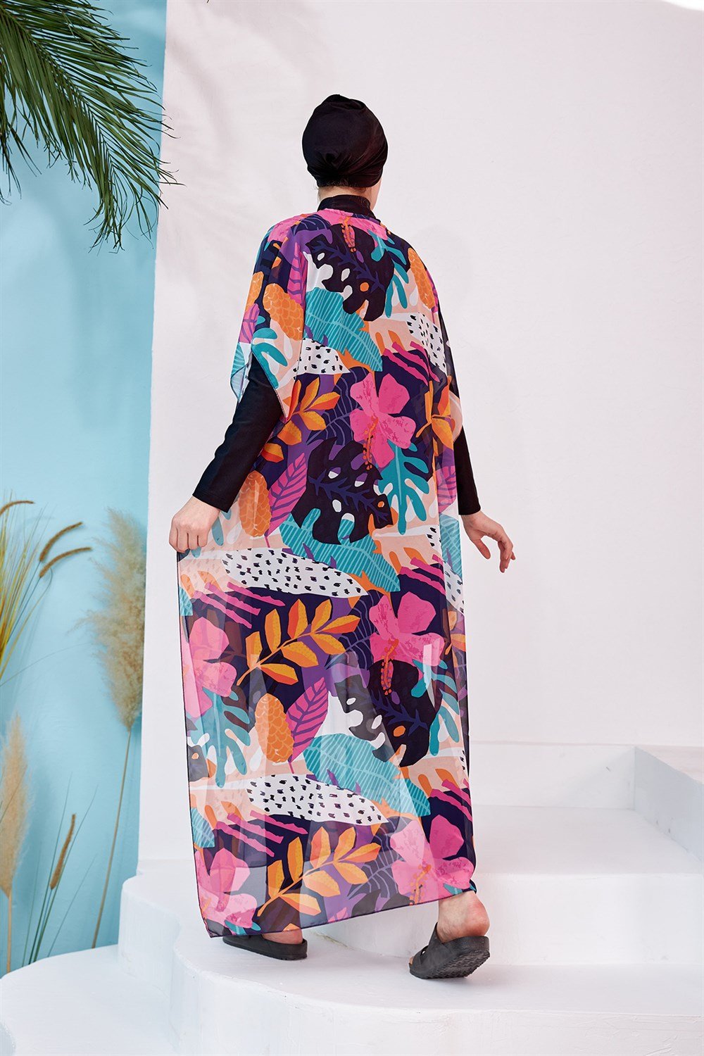 Remsa Mayo Tesettür Mayo Üzerine Desenli Tek Kaftan Pareo 430-132 Fuşya