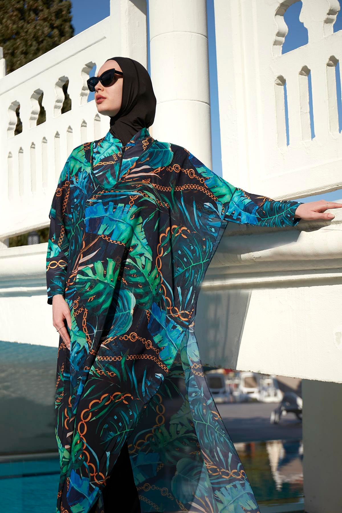 Remsa Mayo Tesettür Mayo Üzerine Desenli Tek Kaftan Pareo 430-131 Zincir Yaprak