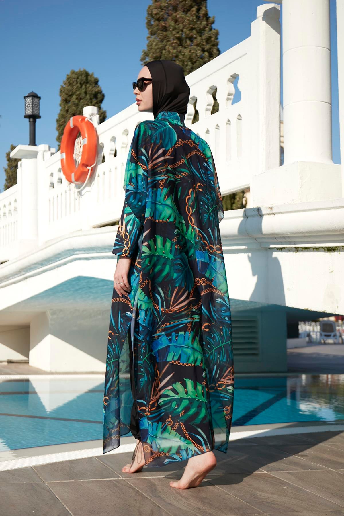 Remsa Mayo Tesettür Mayo Üzerine Desenli Tek Kaftan Pareo 430-131 Zincir Yaprak