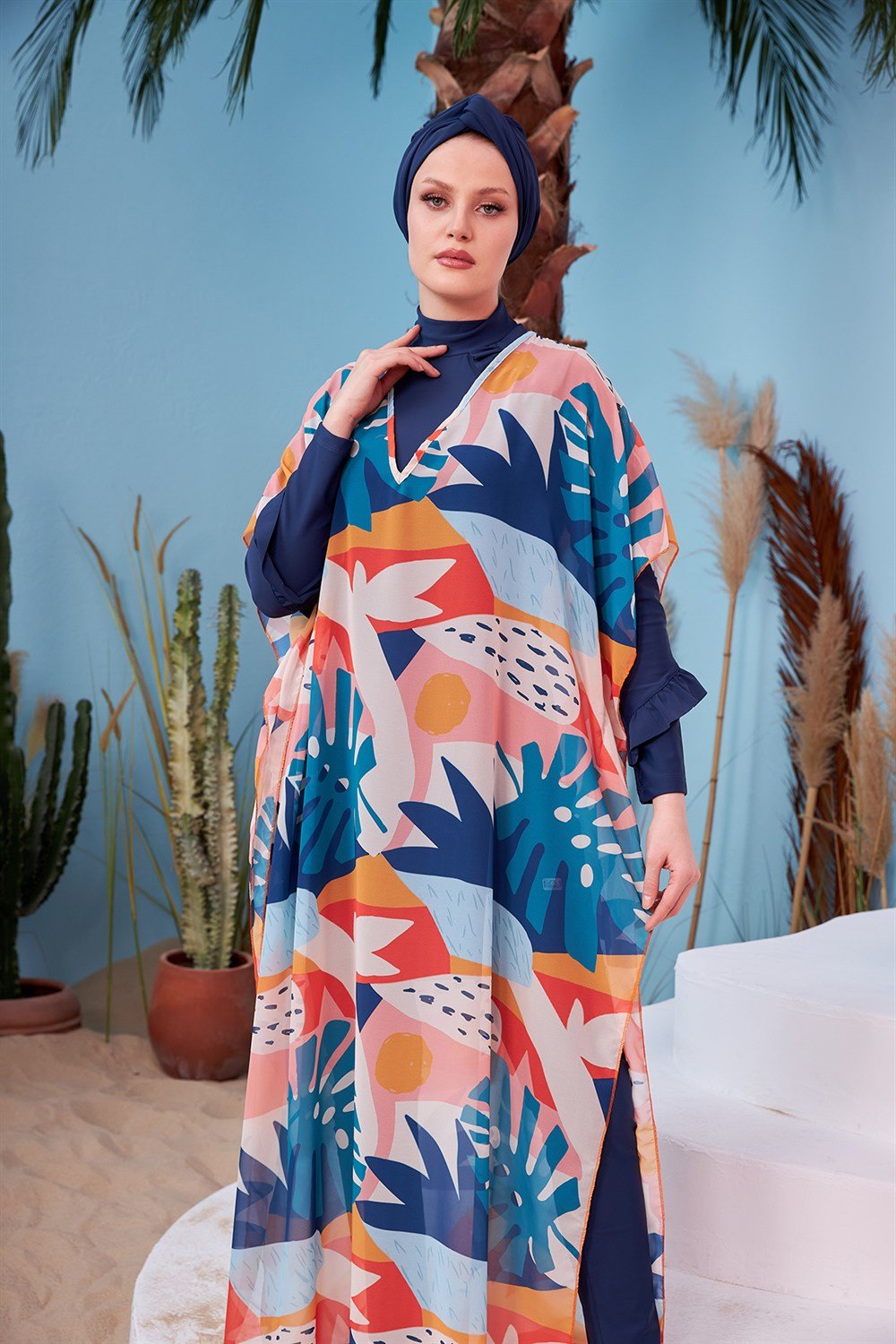 Remsa Mayo Tesettür Mayo Üzerine Desenli Tek Kaftan Pareo 430-134 Turuncu