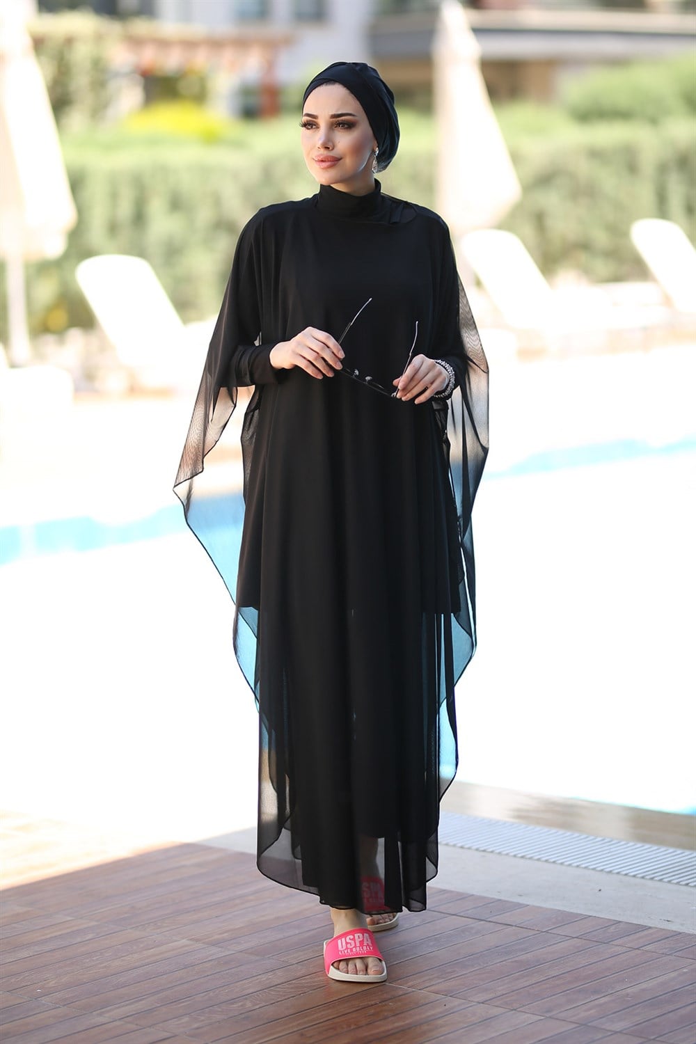 Remsa Mayo Tesettür Mayo Üzerine Desenli Tek Kaftan Pareo RP001 Siyah
