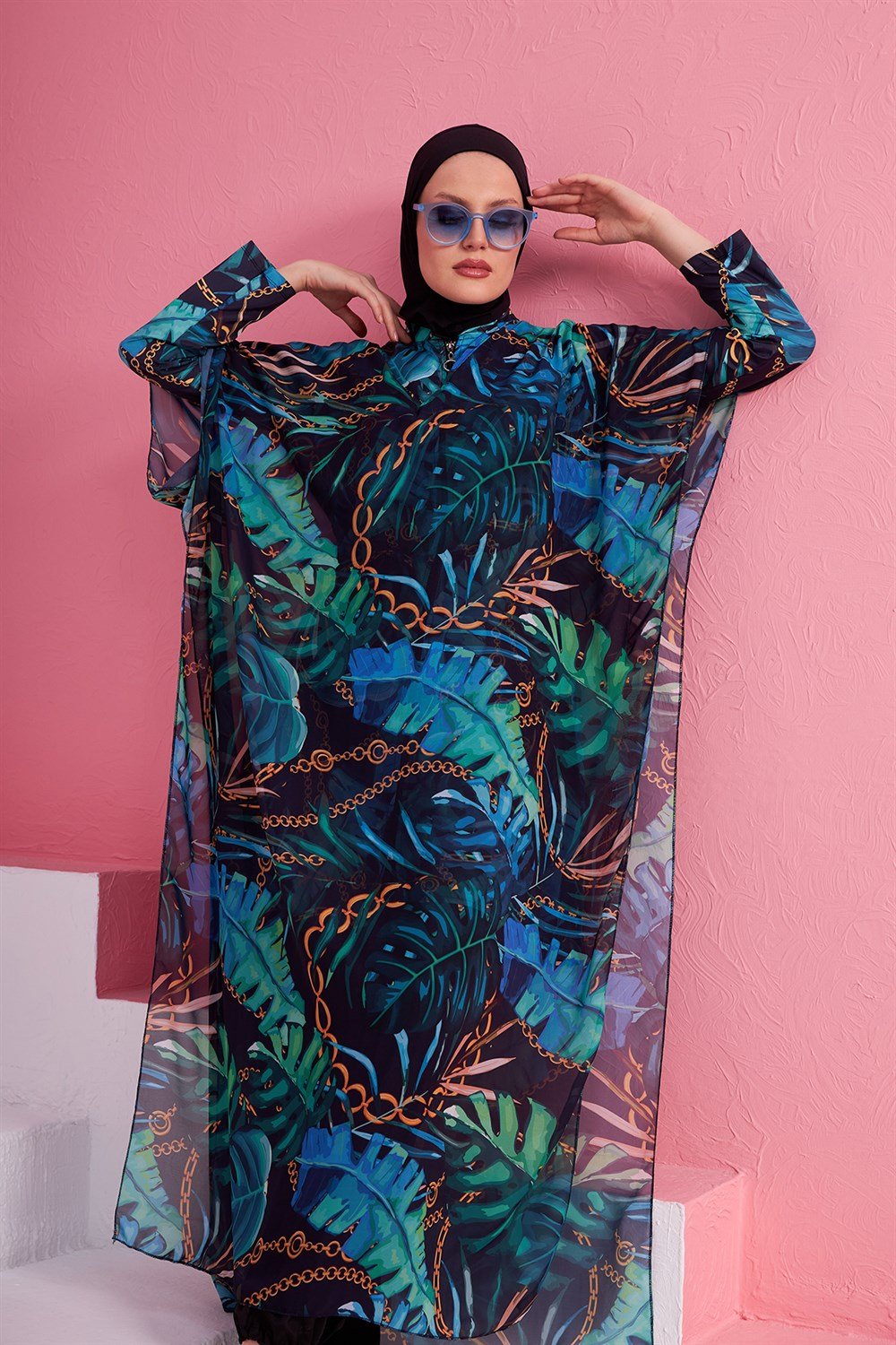 Remsa Mayo Tesettür Mayo Üzerine Desenli Tek Kaftan Pareo 430-131 Zincir Yaprak