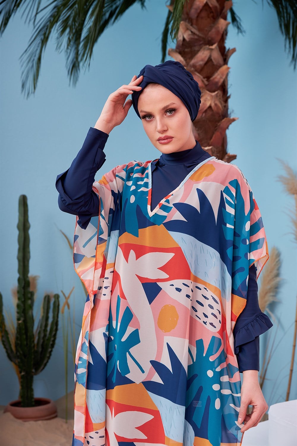 Remsa Mayo Tesettür Mayo Üzerine Desenli Tek Kaftan Pareo 430-134 Turuncu