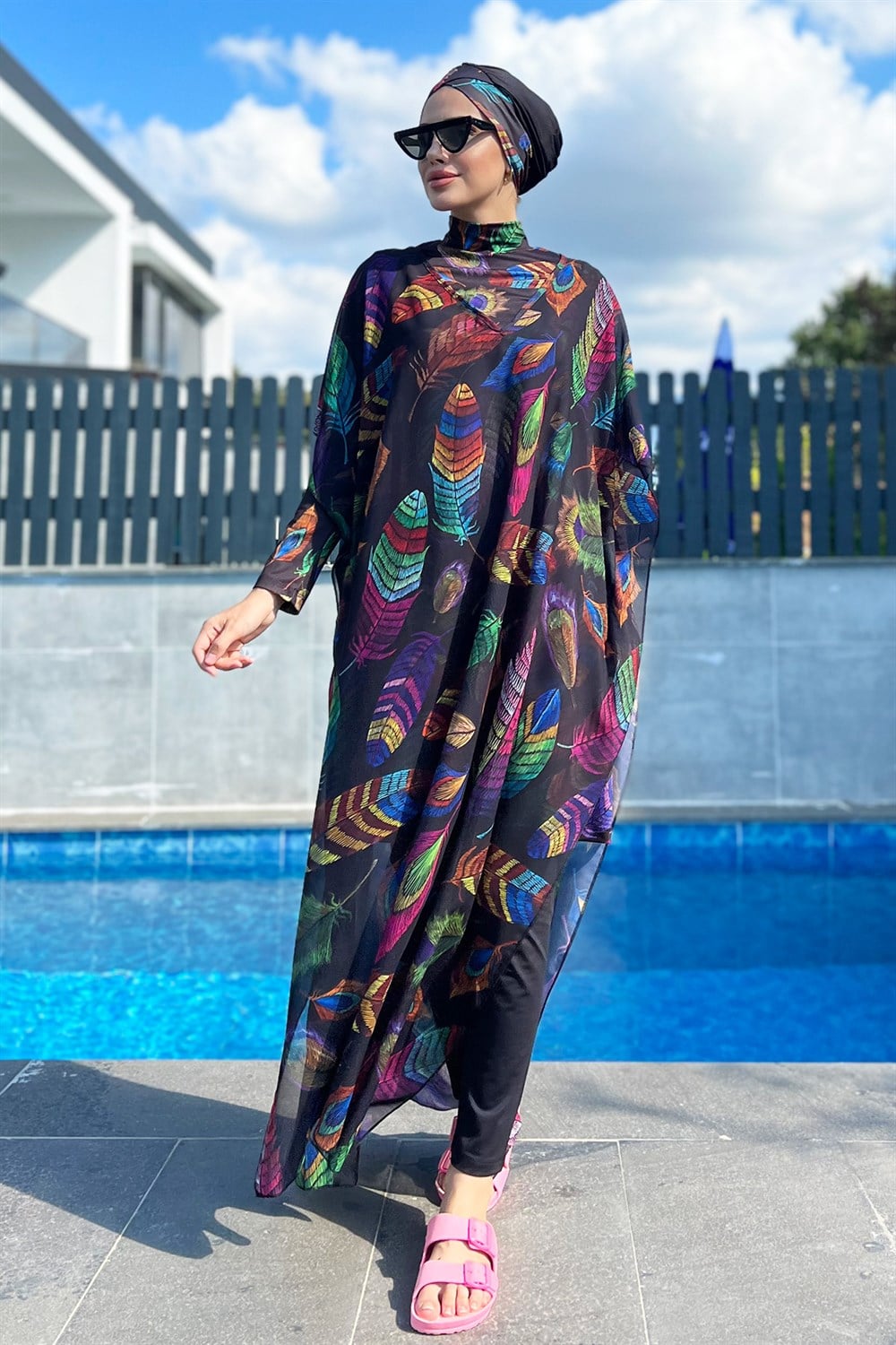 Remsa Mayo Tesettür Mayo Üzerine Desenli Tek Kaftan Pareo 430-221 Tuğba