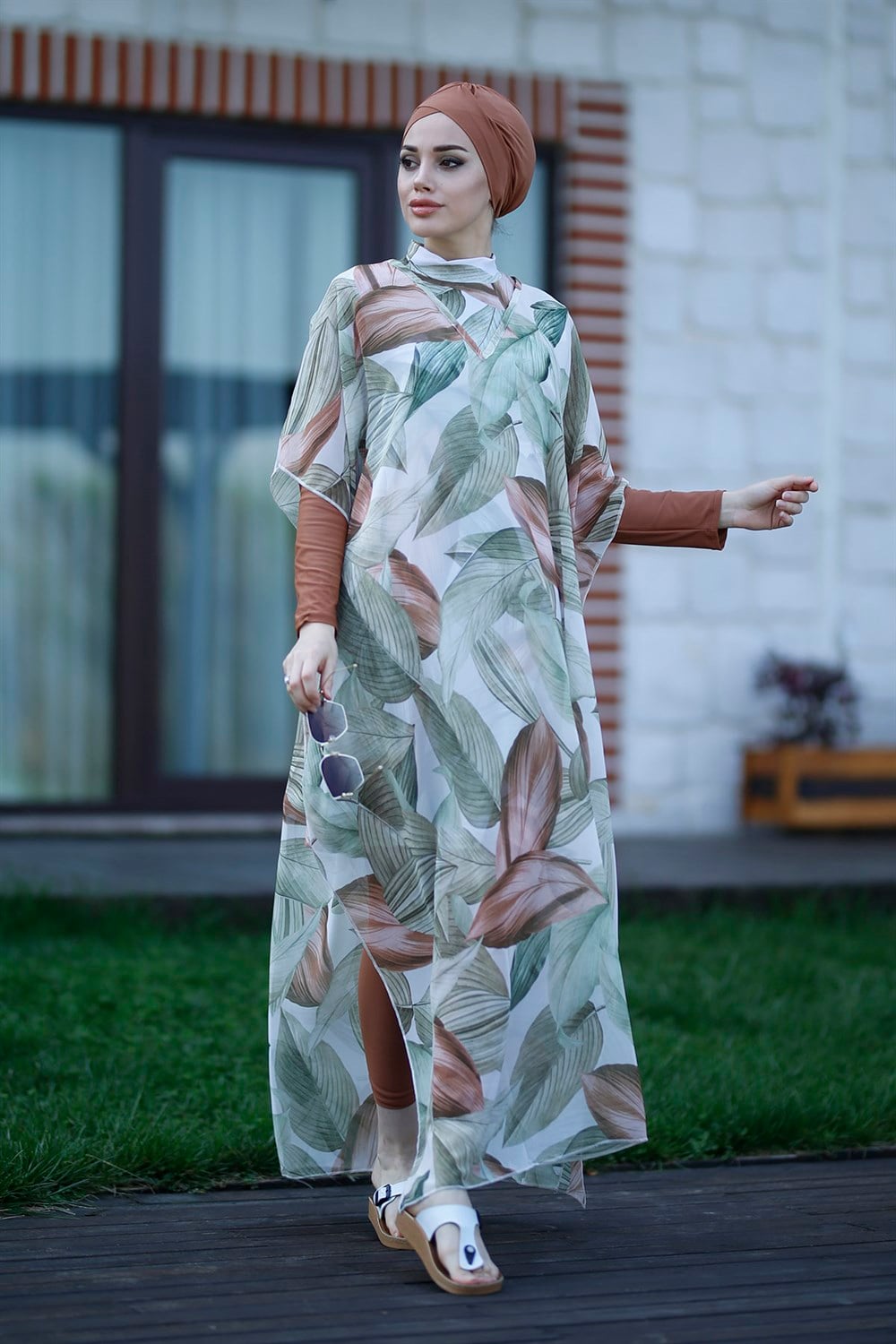 Remsa Mayo Tesettür Mayo Üzerine Desenli Kaftan Pareo Soft Yapraklar 430-551
