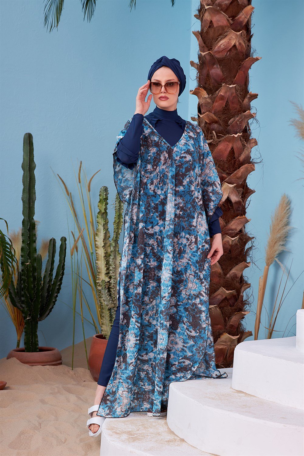 Remsa Mayo Üzerine Kaftan Pareo 430-105 Batik Desen Mavi