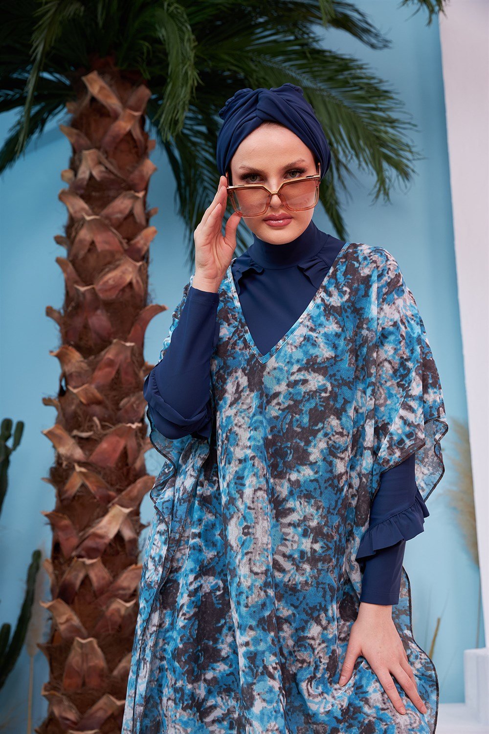 Remsa Mayo Üzerine Kaftan Pareo 430-105 Batik Desen Mavi