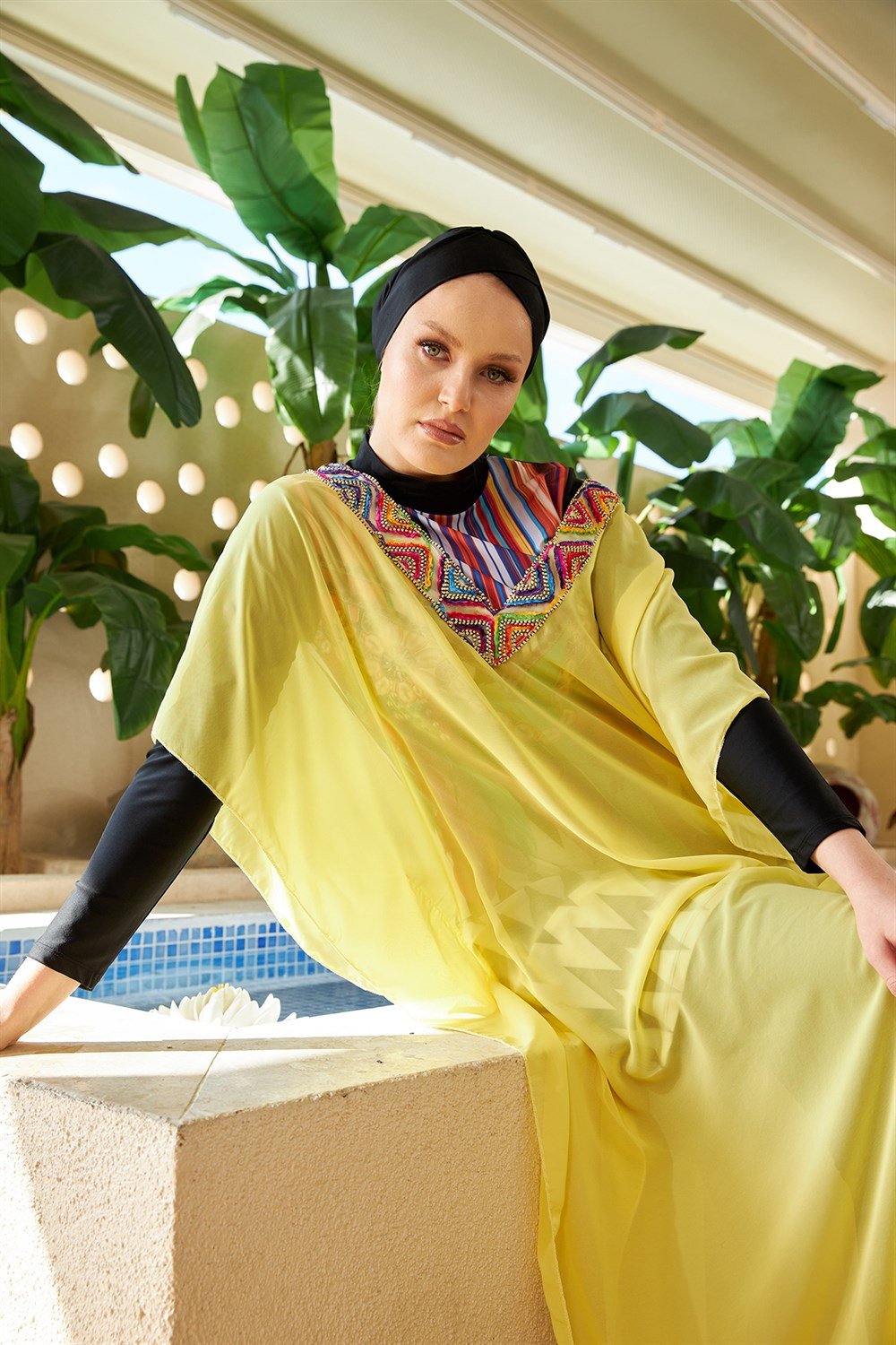 Remsa Mayo Üzerine Kaftan Pareo 430-500S Sarı Yakası İşlemeli