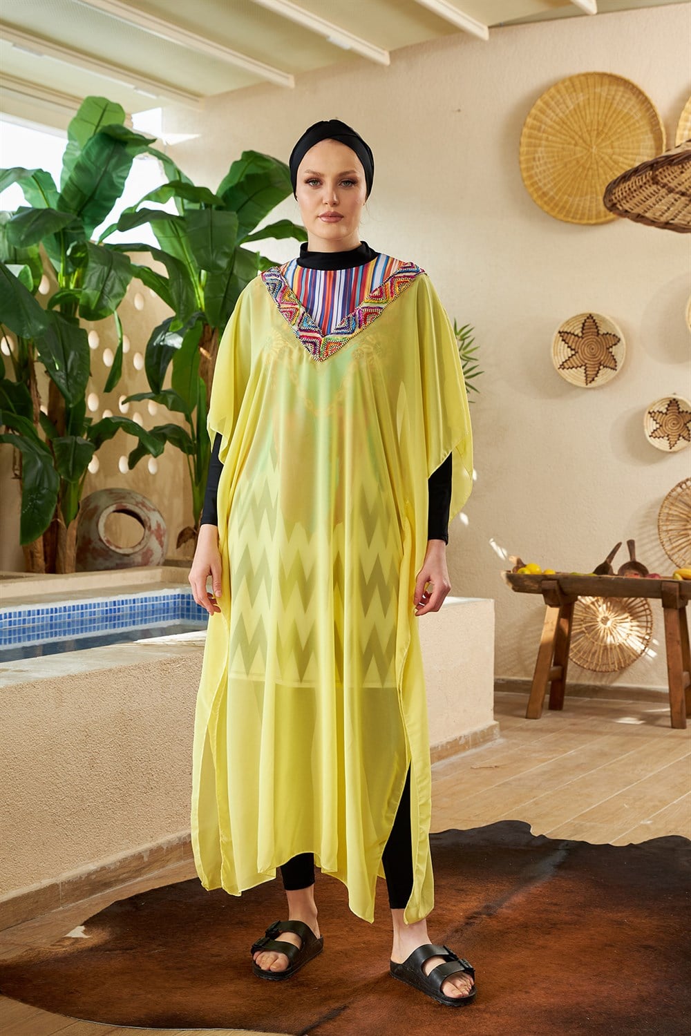 Remsa Mayo Üzerine Kaftan Pareo 430-500S Sarı Yakası İşlemeli