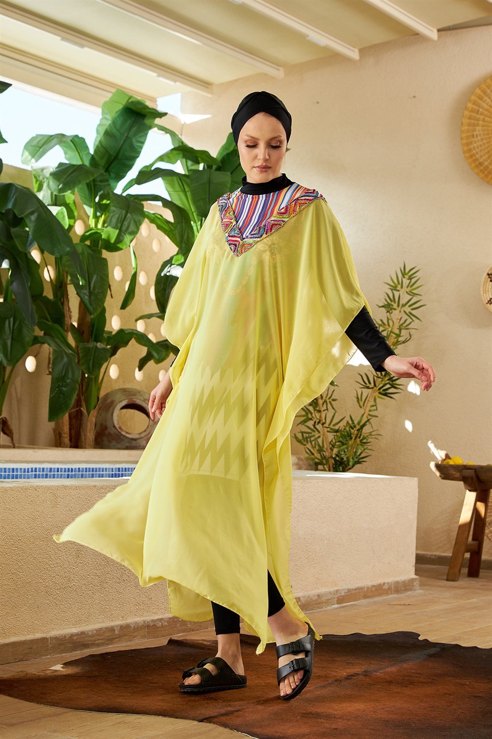Remsa Mayo Üzerine Kaftan Pareo 430-500S Sarı Yakası İşlemeli