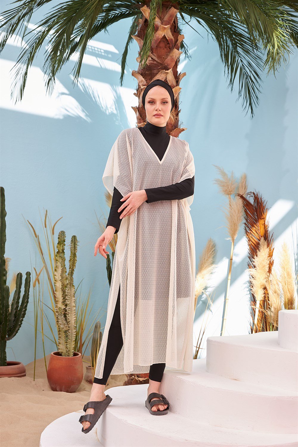 Remsa Mayo Üzerine Örme Kaftan Pareo 430-555 Ekru