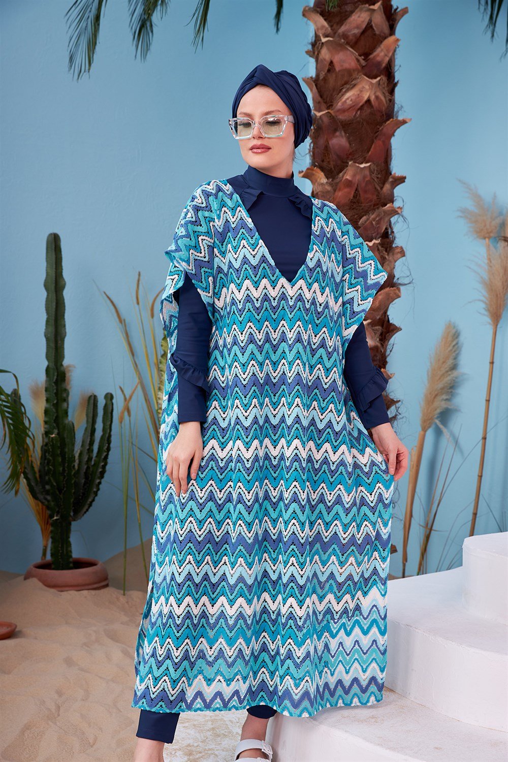 Remsa Mayo Üzerine Örme Kaftan Pareo 410-437 Turkuaz