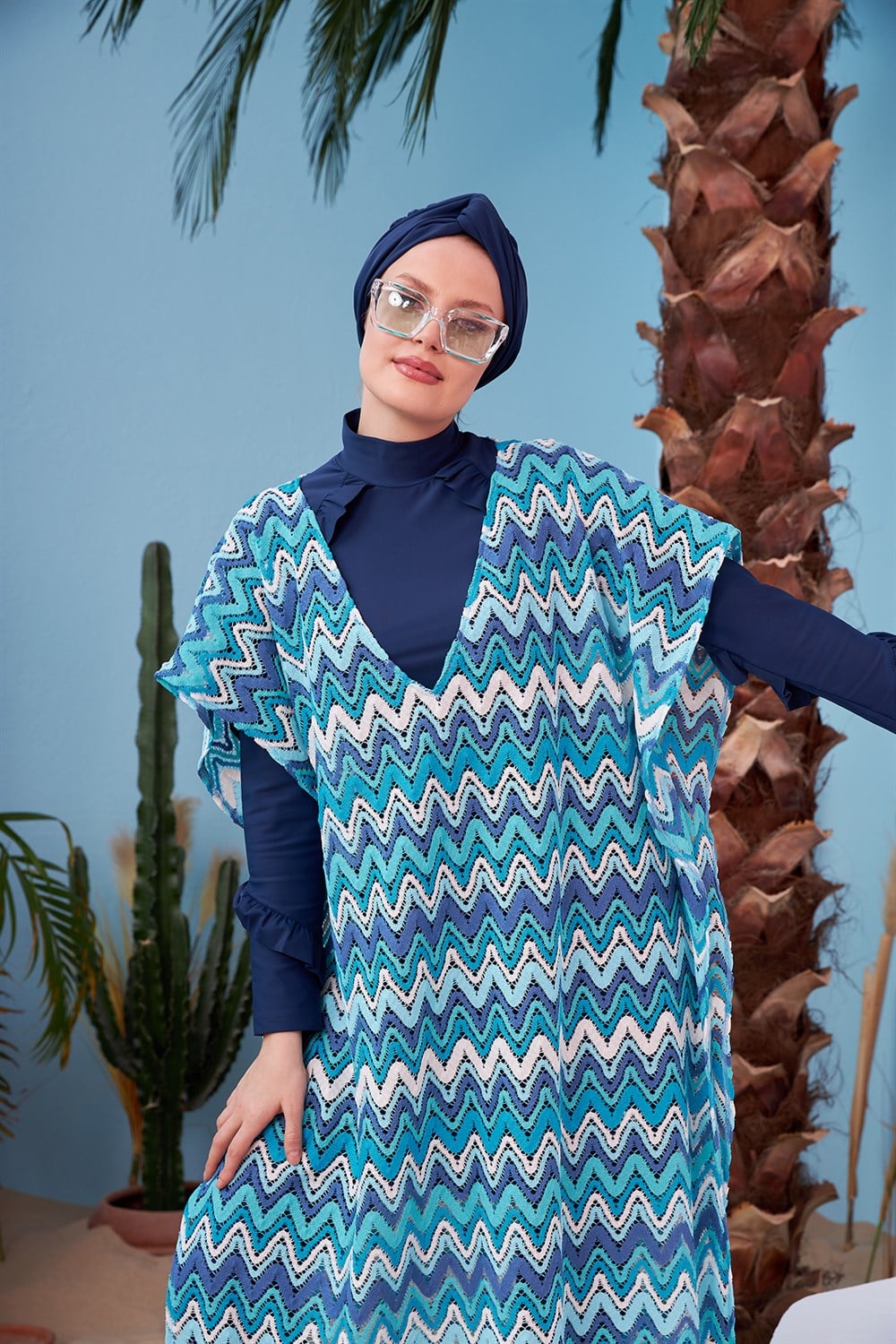 Remsa Mayo Üzerine Örme Kaftan Pareo 410-437 Turkuaz