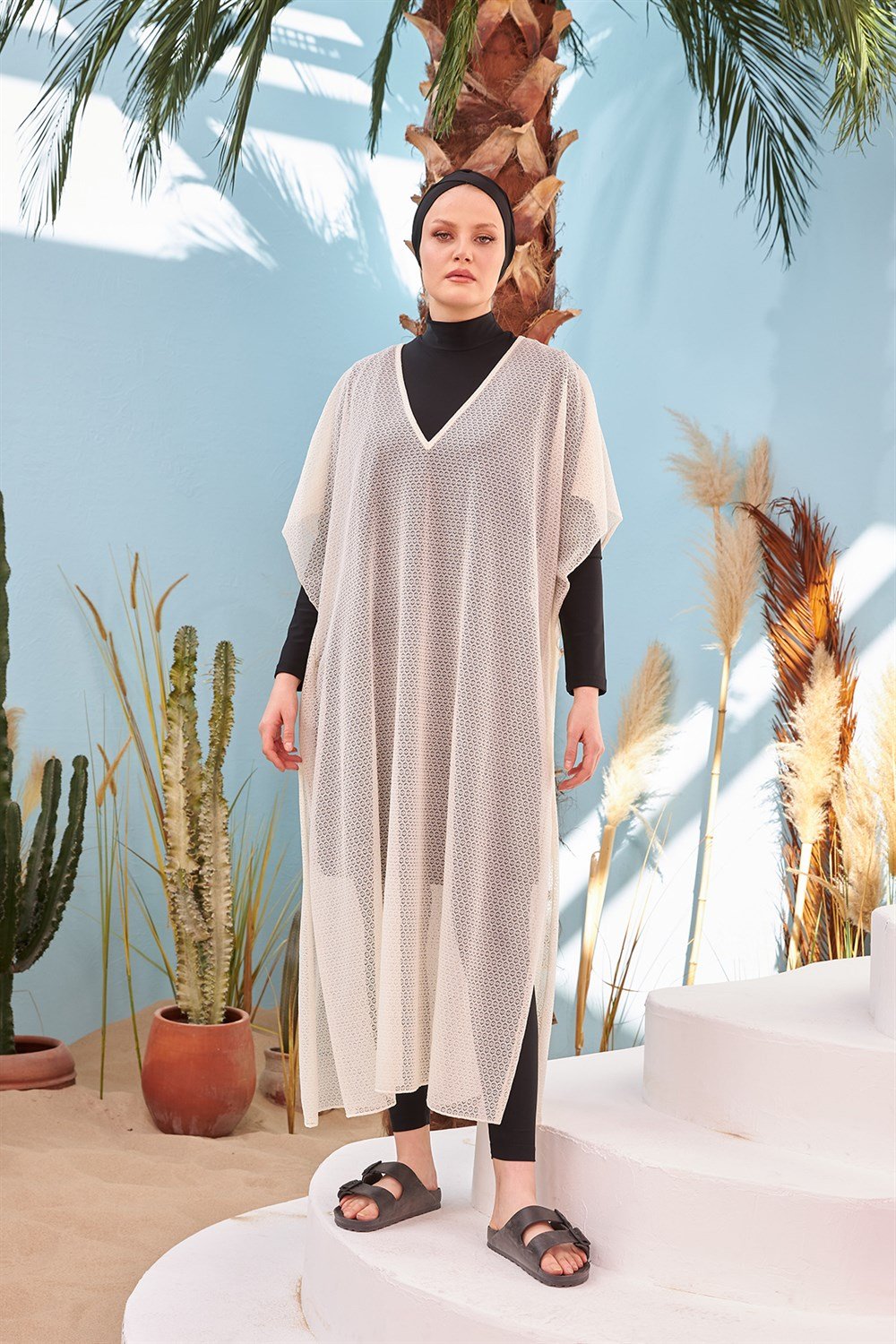 Remsa Mayo Üzerine Örme Kaftan Pareo 430-555 Ekru